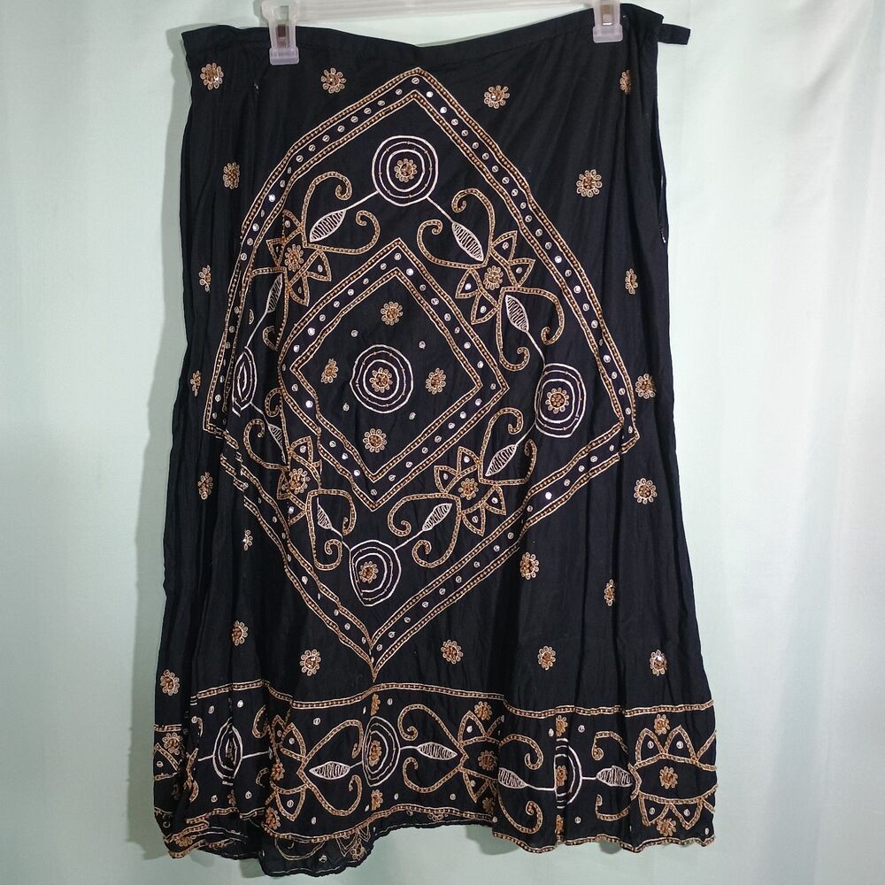 Black Boho Wrap Skirt Women – Gold Embroidered Midi Skirt Adjustable Tie Waist